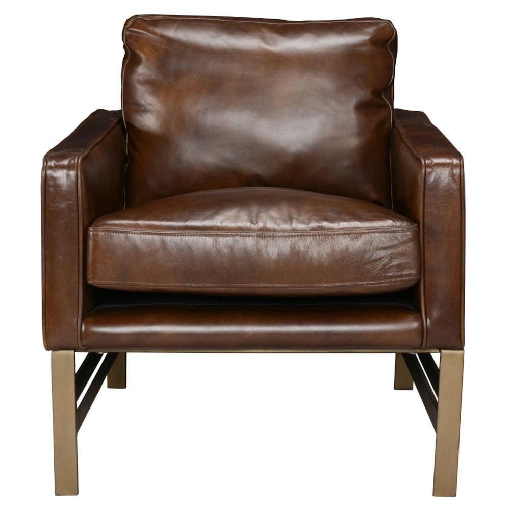 Danny Mid-Century Modern Brown Leather Upholstered Gold Iron Base Arm Chair