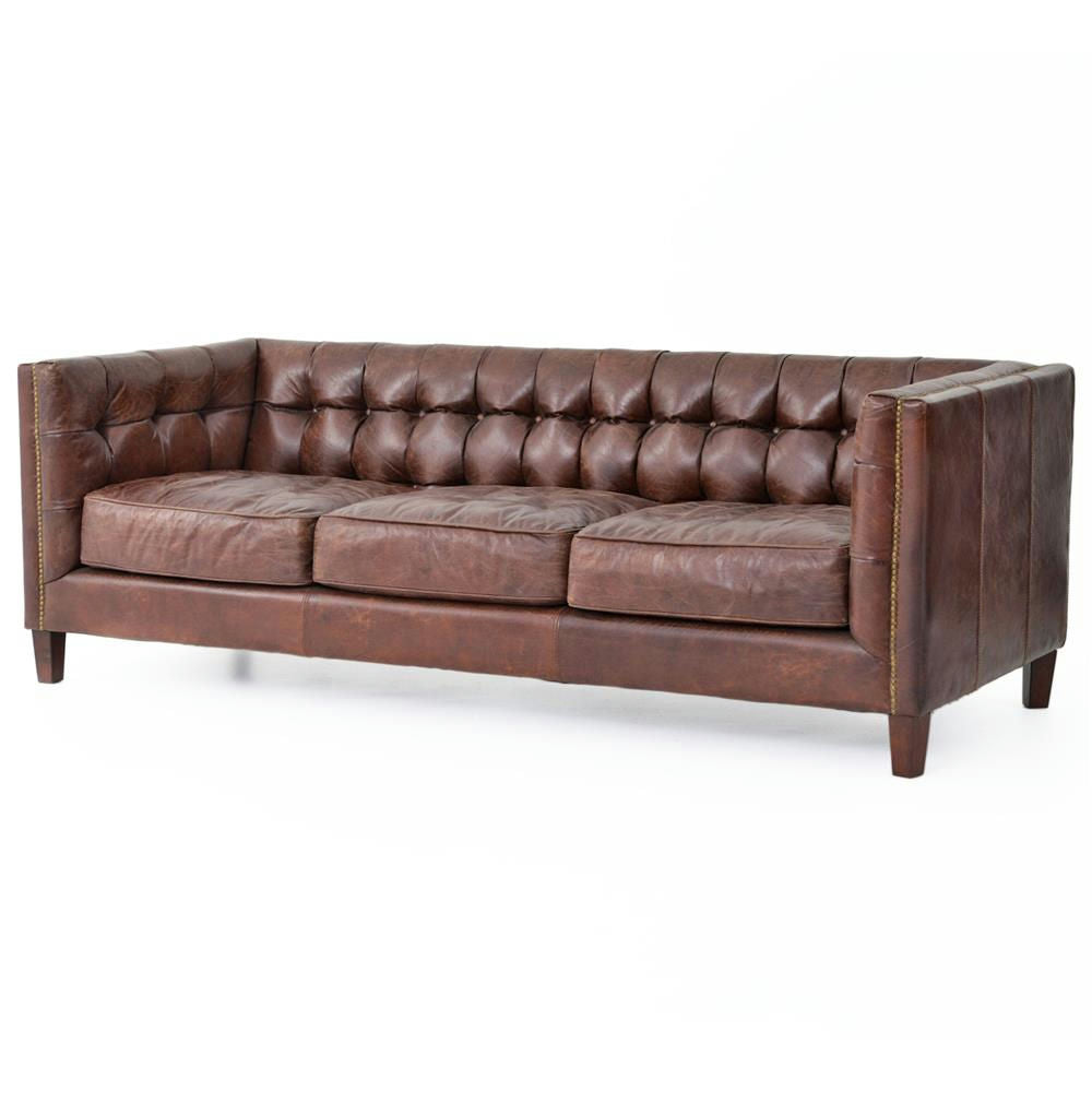 Christopher Rustic Lodge Tufted Straight Back Brown Leather Nailhead Trim Sofa