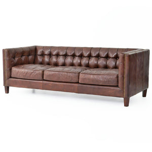 Christopher Rustic Lodge Tufted Straight Back Brown Leather Nailhead Trim Sofa