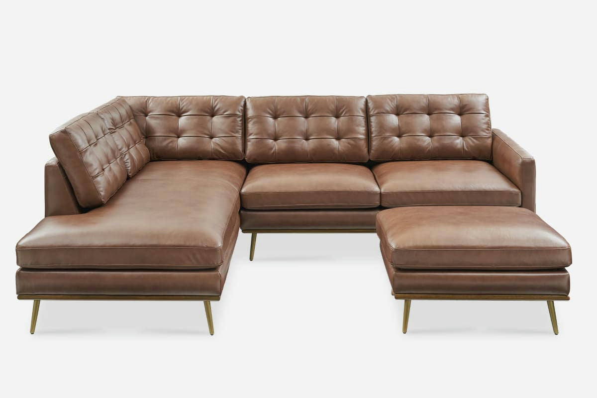 Isaac Leather Bumper Chaise Sectional Sofa with Ottoman